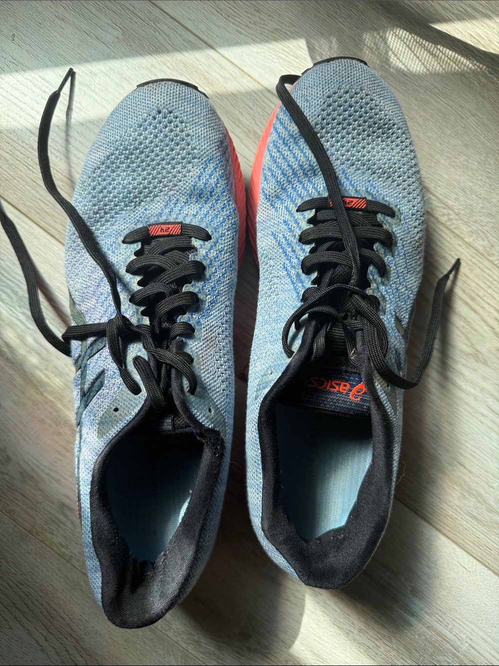 Asics Light Blue Knit Running Shoes with Coral Midsole and Black Details